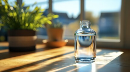 A clear glass bottle filled with water sits on a table