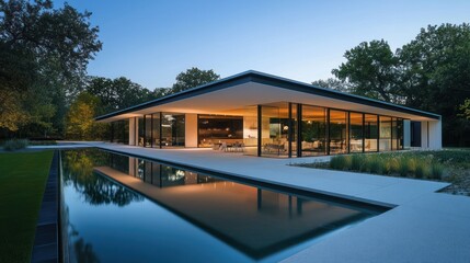 Obraz premium Modern architectural marvel featuring sleek lines and reflective pool at dusk