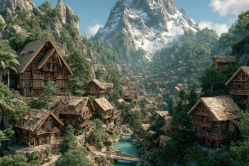 Charming Mountain Village Nestled Among Lush Forests and SnowCapped Peaks Ideal for Fantasy