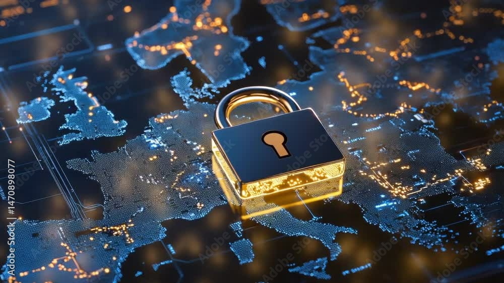 Poster digital security concept with a golden padlock on a global map displaying connections and data flow 