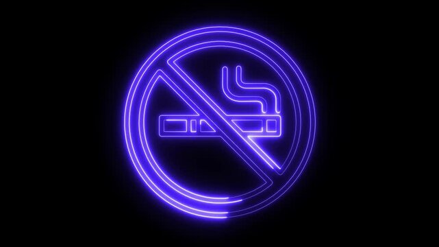 Glowing Blue Purple Neon No Smoking Symbol on Black Background for Health Awareness, Smoking Prohibition and Public Safety