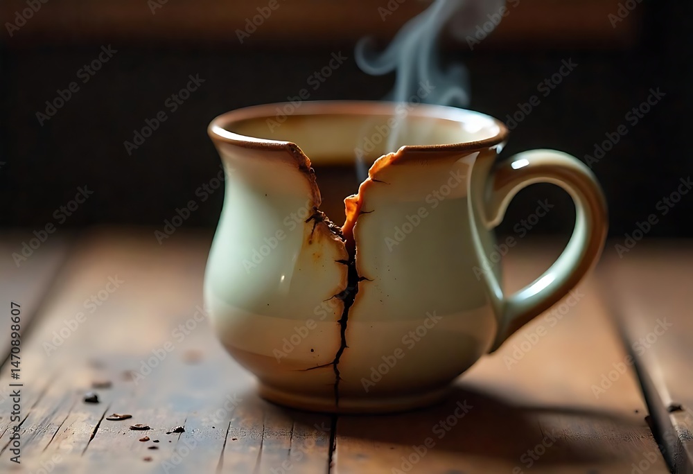 Poster generative ai broken mug steaming with a sense of imperfection and resilience
