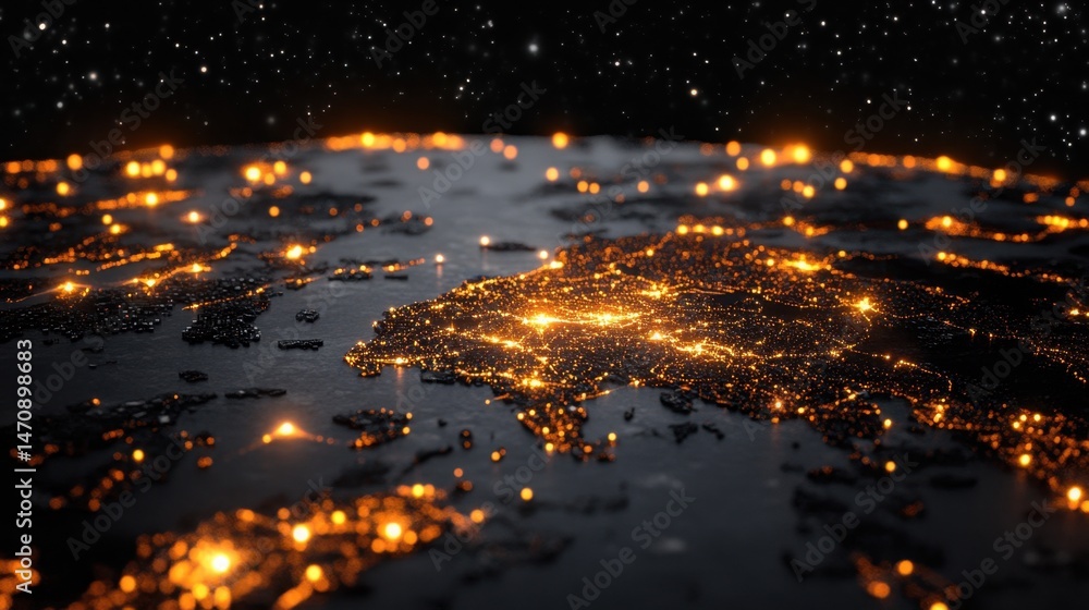 Poster pixel-style country map with city lights and data nodes on a black screen