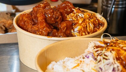 Deep-fried boneless Korean chicken pieces with spicy sauces and mayo on a white rice bowl. Crispy outside, juicy and succulent inside, smelling delicious.