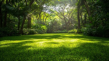 A lush dense jungle with mossy trees and vibrant greenery