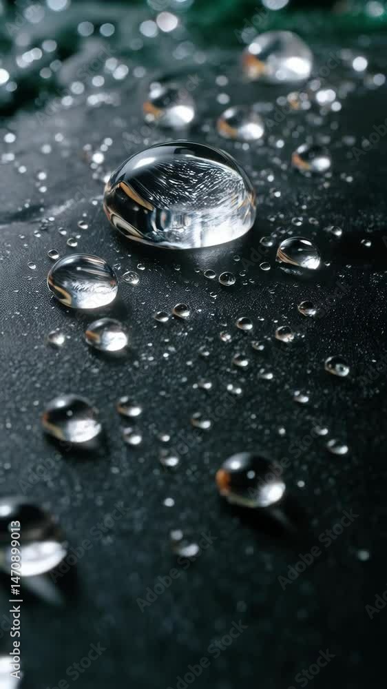 Poster macro shot of water droplets on a dark surface reflecting light and texture with wet look for backgr