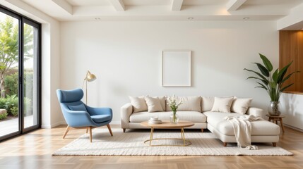 Modern minimalist living room with stylish furniture and natural light in bright airy space