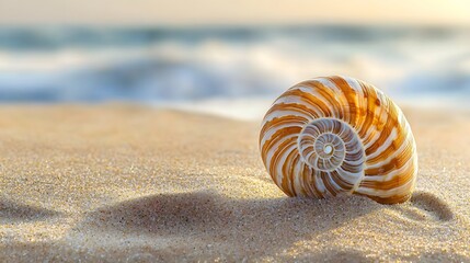 A nautilus shell rests on the sand at the beach