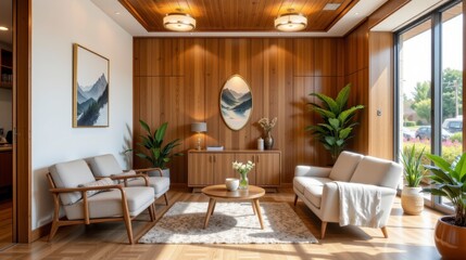 Fototapeta premium Modern Living Room Decor with Wooden Walls, Natural Light, Plants, and Minimalist Furniture Design