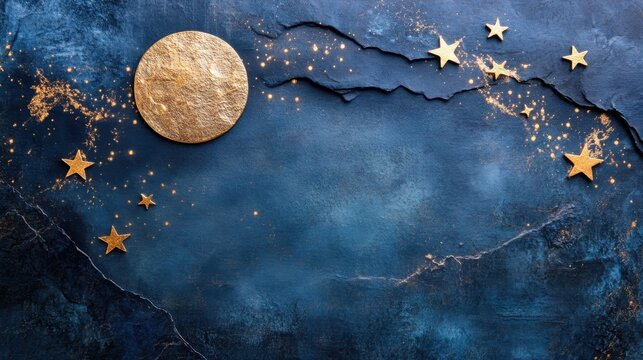 Retro cosmic theme with gold stars on a textured dark blue canvas - Powered by Adobe