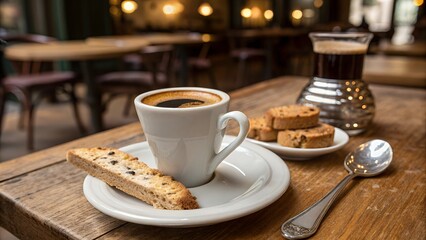 A cup of coffee with biscotti and a spoon on a wooden table in a cafe setting