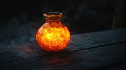 A glowing orb of fire rests on a dark wooden surface