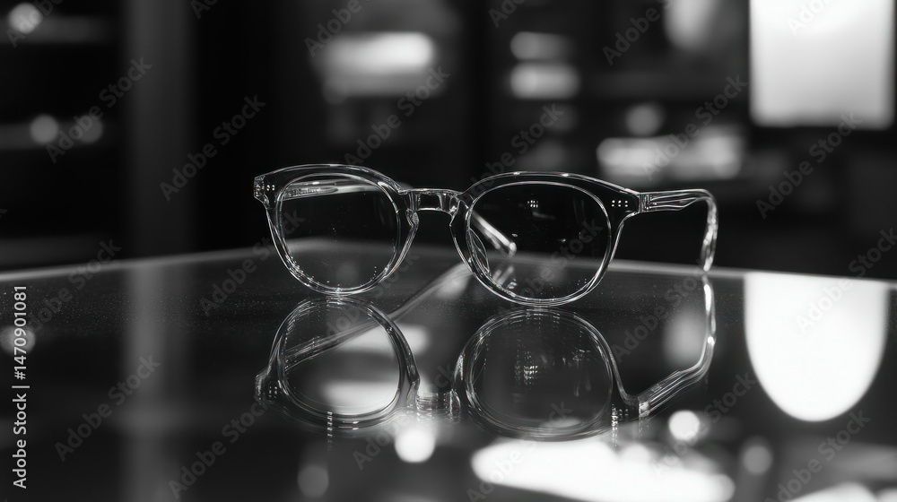 Poster clear eyeglasses rest on a reflective surface with nice depth of field