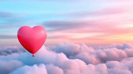 Obraz premium Romantic heart balloon drifting high against a peaceful sky and fluffy clouds