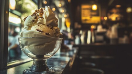 Delicious ice cream sundae in a glass bowl at a cafe