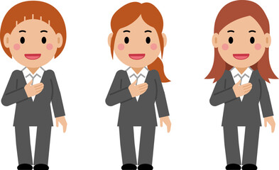 胸に手を当てて話すグレースーツの若い女性。その2