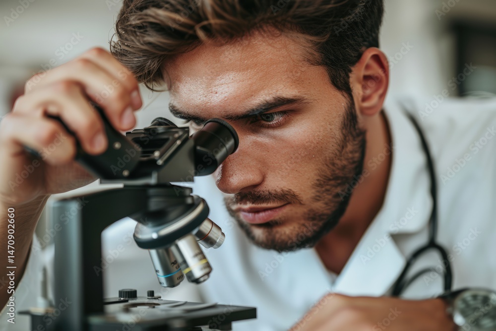 Poster focused scientist examining a sample with a microscope.
