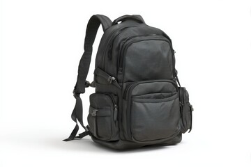 Sleek black backpack with multiple compartments, perfect for travel or everyday use.