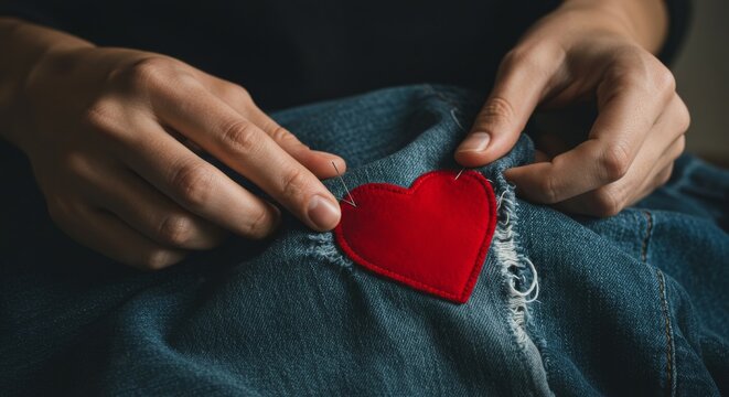 Close-up of hands carefully attaching a red heart patch to denim. - Powered by Adobe