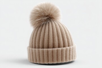 Cozy beige ribbed beanie with a fluffy pompom. Perfect for winter warmth!