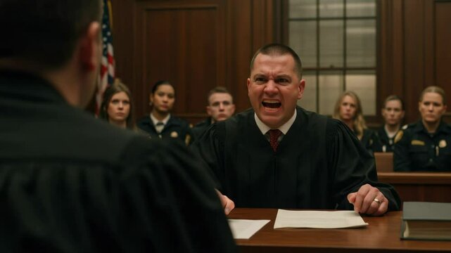 Intense Courtroom Scene Featuring a Male Judge in His 40s Leading a Heated Exchange with Defendants Surrounded by Diverse Legal Professionals and Law Enforcement Representatives