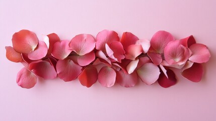 Soft pink background with scattered delicate rose petals creating a romantic flatlay