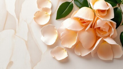 Soft pink background with scattered delicate rose petals creating a romantic flatlay