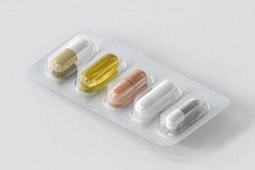 Close-up of various capsules in a blister pack.  A variety of colors and sizes are shown.
