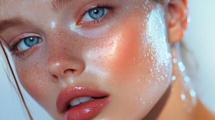 Close-up of a young woman with glistening skin and freckles