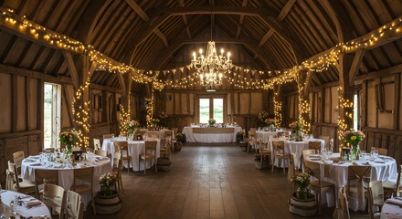 Wedding Reception in Rustic Barn with Fairy Lights
