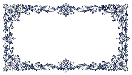 Intricate blue floral ornamental frame with classic Victorian design, isolated on a white background.