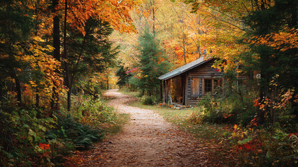 Rustic Cabin in an Autumn Forest Landscape