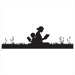 Silhouette of Two Girls Reading Books Sitting on Grass