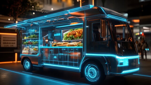 Futuristic food truck concept showcasing holographic display in an urban setting
