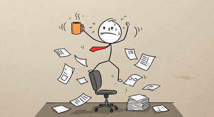 Cartoon stick figure overwhelmed with work, balancing mug and papers flying