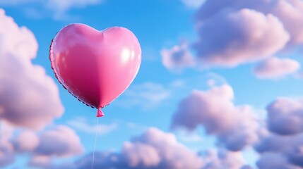 Fototapeta premium Symbolic pink balloon shaped like heart gently moving through sky with puffy clouds