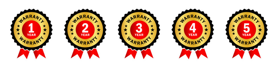 Set of warranty badges for 1 to 5 years with ribbon and star elements. Perfect for product labels, branding, quality assurance, and promotional vector designs. Warranty, icons, vector.