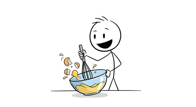 Cheerful stick figure happily whisking eggs in a bowl for a cooking recipe