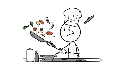 Chef Cartoon with Culinary Chaos: A humorous depiction of cooking challenges