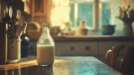 A full bottle of dairy milk sitting on a wooden table