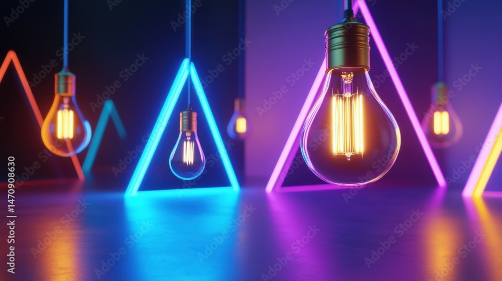 Poster triangle-themed composition with illuminated bulbs in futuristic setting