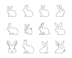 Vector set of rabbits, silhouettes and icons isolated on white background.