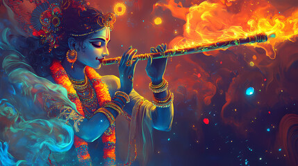 A divine illustration of lord krishna playing the flute, symbolizing peace and spirituality, set against a glowing background. [Toxic Carnival] | Glow Clown | burning cheer. Illustration
