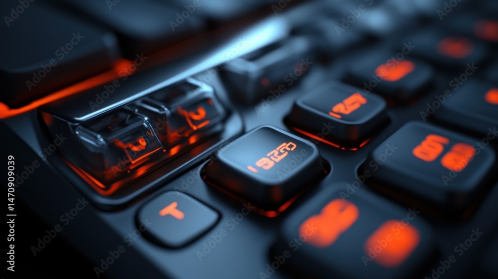 Poster a close up photograph of a gaming keyboard with illuminated keys