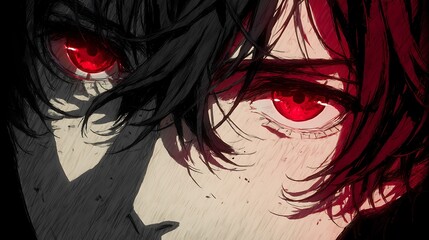 Fototapeta premium Crimson Eyes Anime Boy Closeup with Rain, and Dramatic.