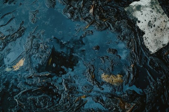 Dark, oily water puddle with debris