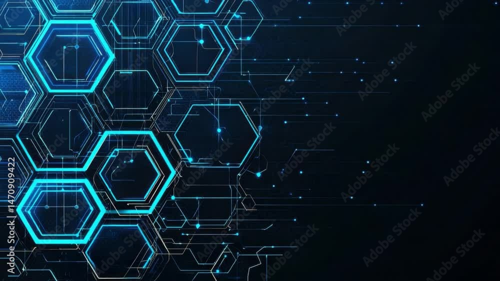 Poster abstract technological background in blue tones with hexagon shapes and digital elements for innovat