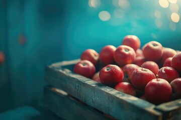 A rustic wooden crate overflowing with ripe, red apples, bathed in soft, warm light.