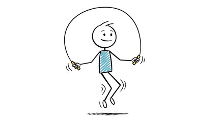 Happy stick figure jumping rope, cartoon person doing workout training