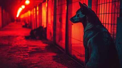 Dark, caged dog at night